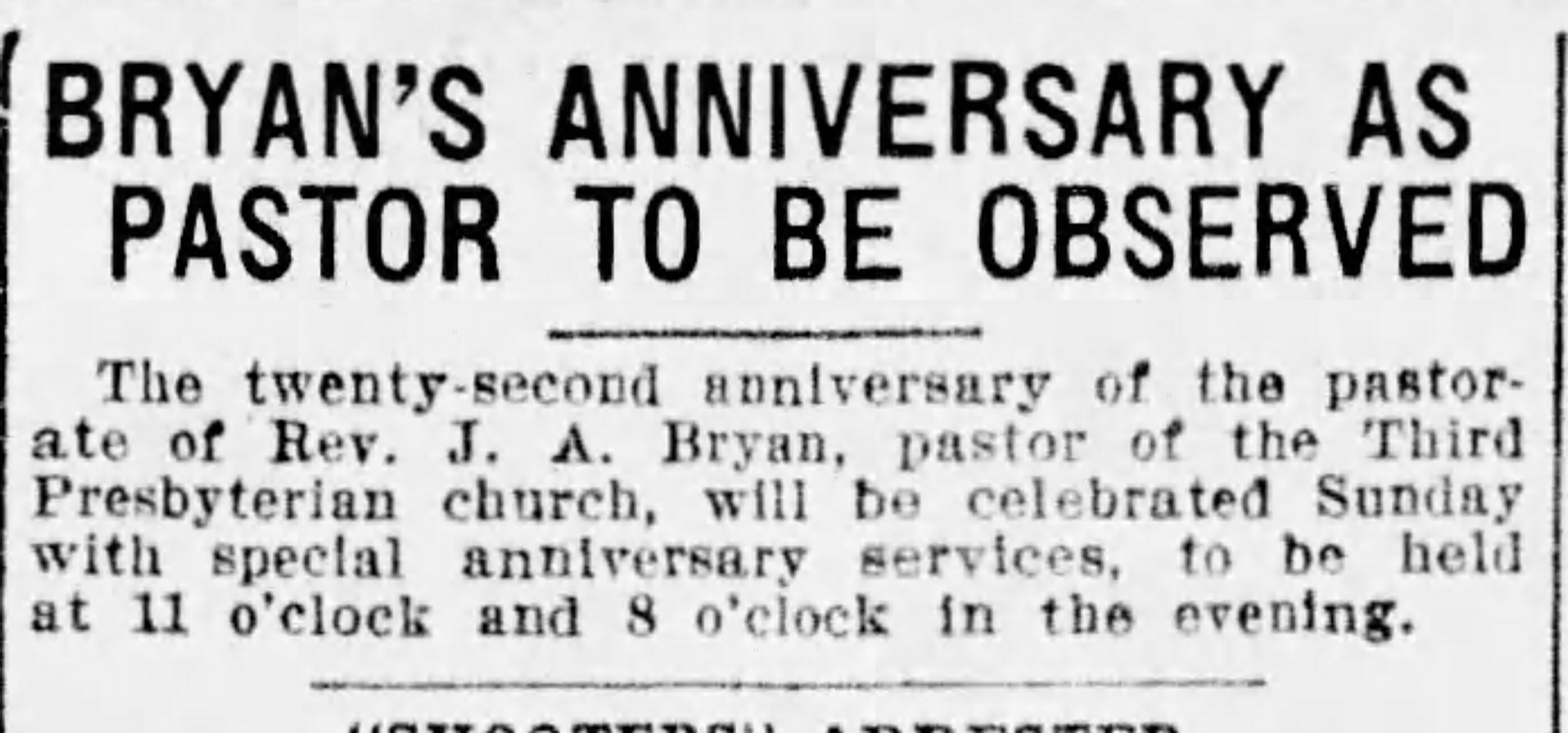Bryan's Anniversary as Pastor To Be Observed